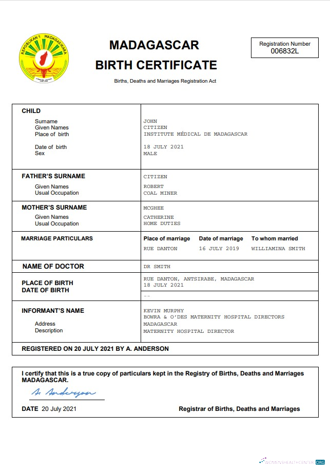 Download Madagascar vital record birth certificate Word and PDF template Photoshop template